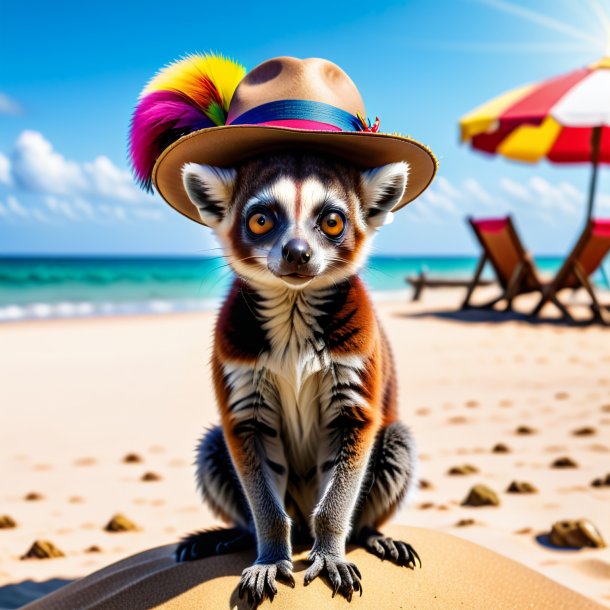 Photo of a lemur in a hat on the beach