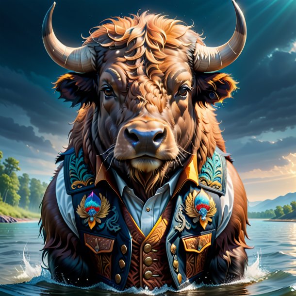 Illustration of a buffalo in a vest in the water