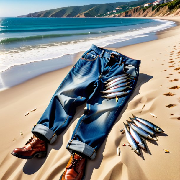 Fotos de uma sardinha em uma calça na praia