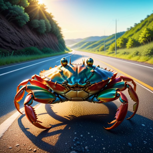 Illustration of a crab in a belt on the road