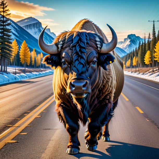 Image d'un bison en manteau sur la route