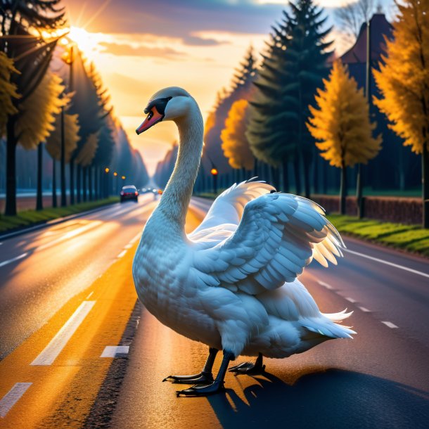 Picture of a swan in a coat on the road