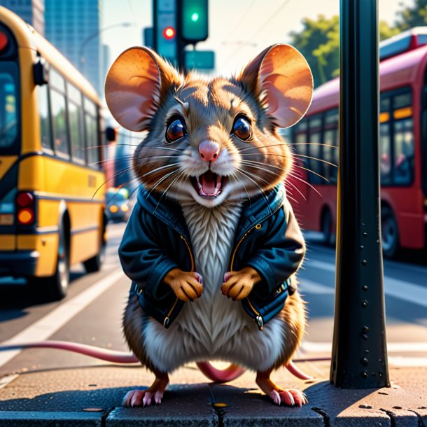 Foto de un enojado de un ratón en la parada de autobús