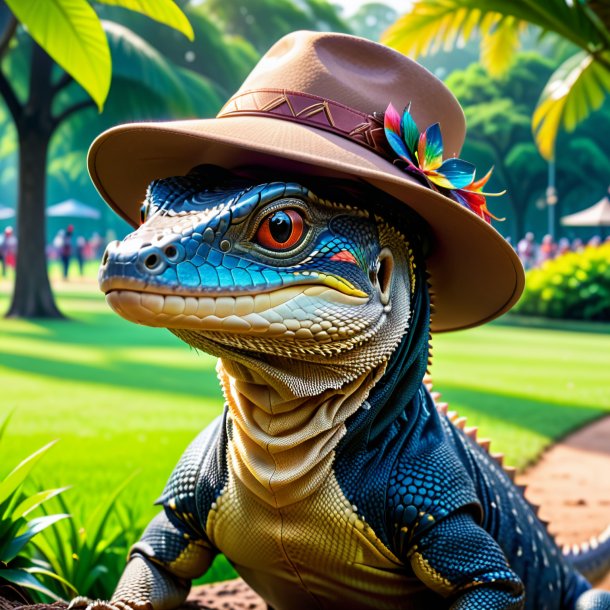 Picture of a monitor lizard in a hat in the park