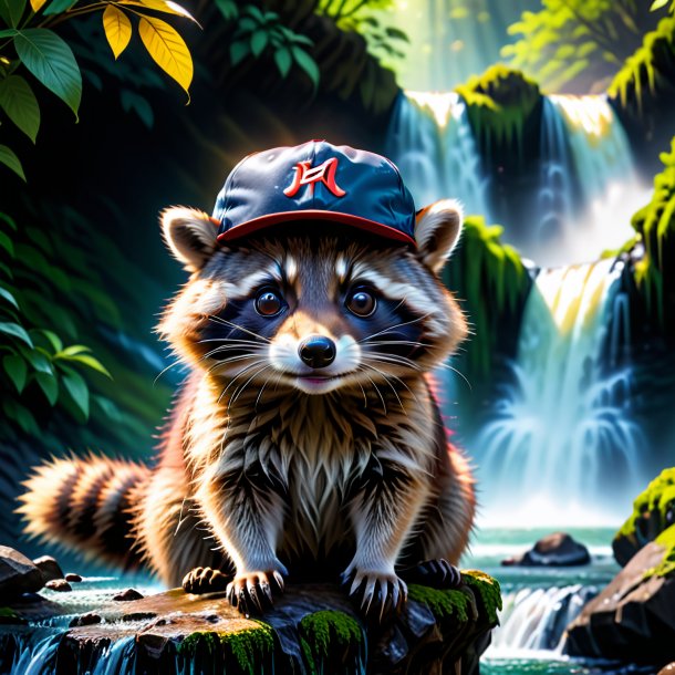 Photo of a raccoon in a cap in the waterfall