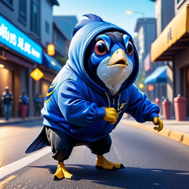 Imagem de um tang azul em um hoodie na estrada