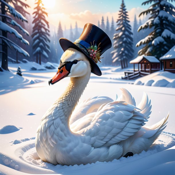 Illustration of a swan in a hat in the snow