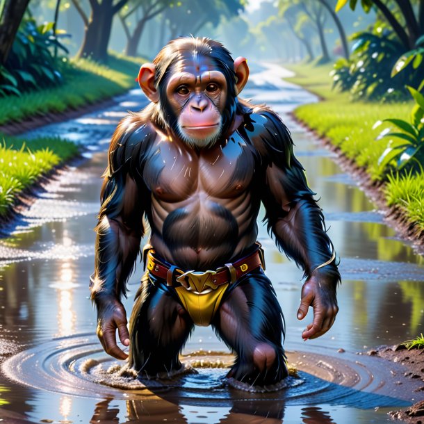 Picture of a chimpanzee in a belt in the puddle