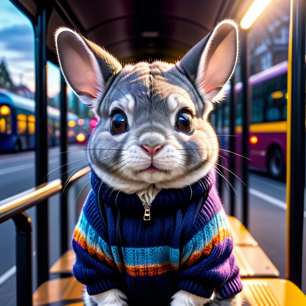 Foto de uma chinchilas em um suéter no ponto de ônibus