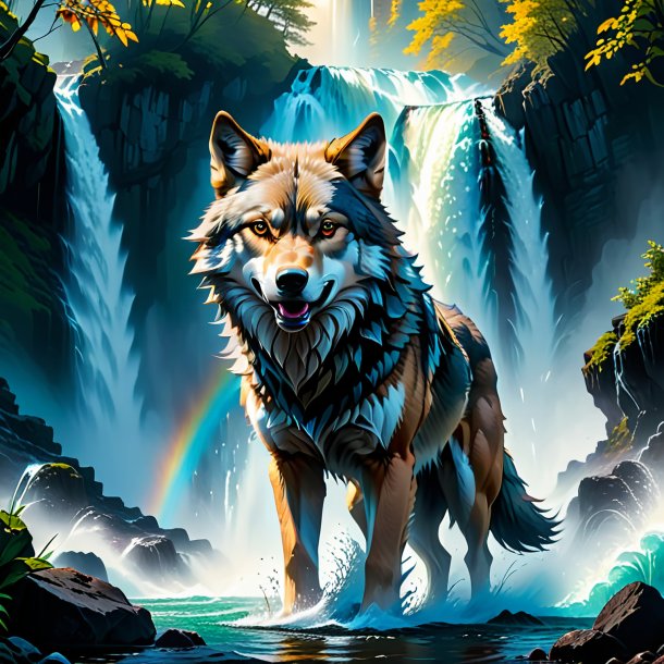 Picture of a threatening of a wolf in the waterfall