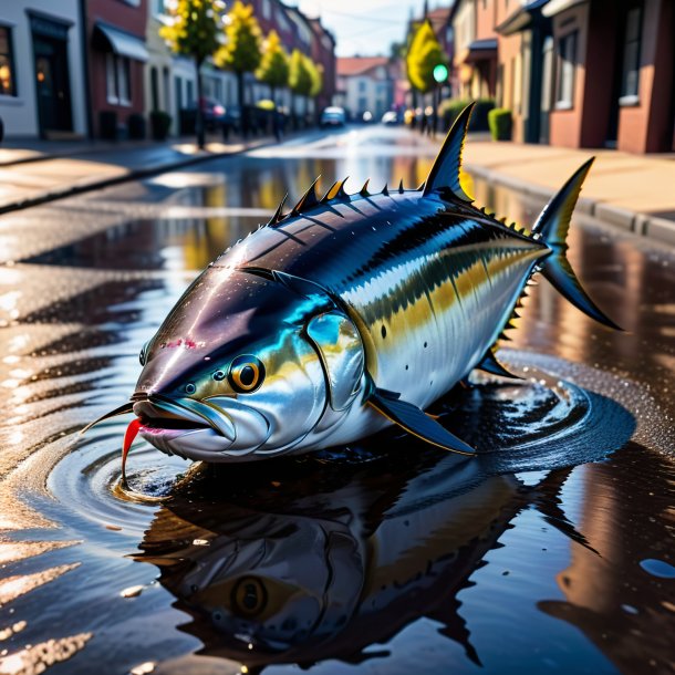 Foto de un atún en un abrigo en el charco