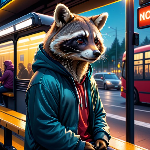 Ilustração de um guaxinim em um hoodie no ponto de ônibus