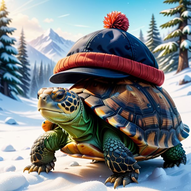 Illustration of a tortoise in a cap in the snow