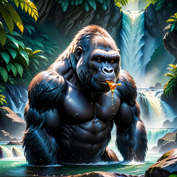 Picture of a drinking of a gorilla in the waterfall