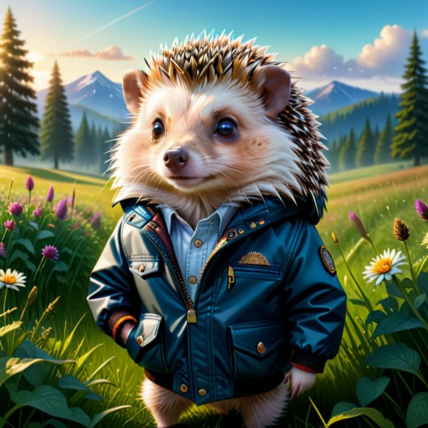 Illustration of a hedgehog in a jacket in the meadow