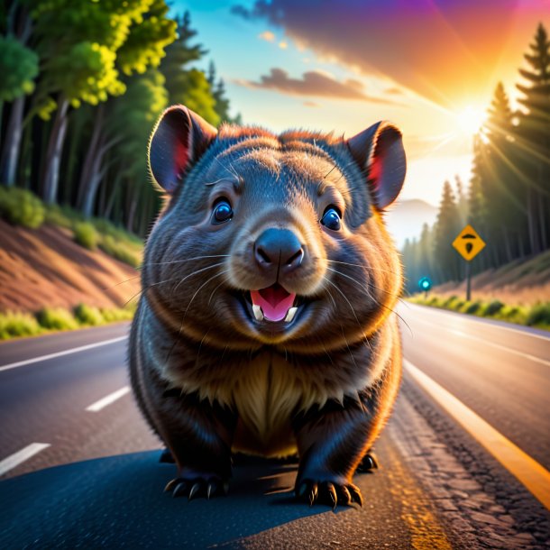 Picture of a smiling of a wombat on the road