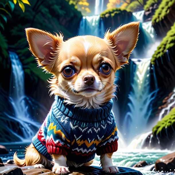 Illustration of a chihuahua in a sweater in the waterfall