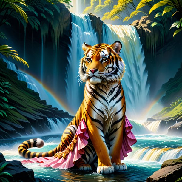 Illustration of a tiger in a dress in the waterfall