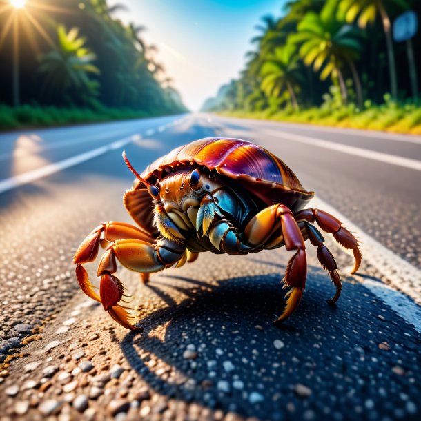 Photo of a jumping of a hermit crab on the road