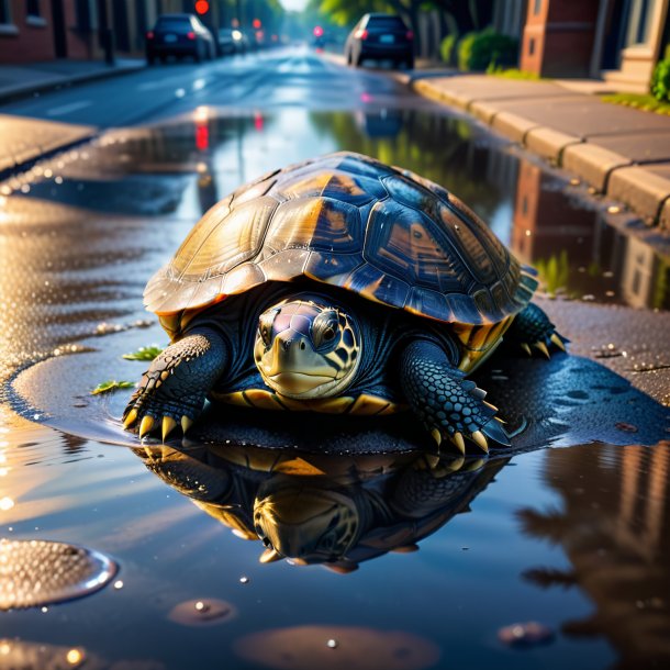 Photo of a turtle in a vest in the puddle