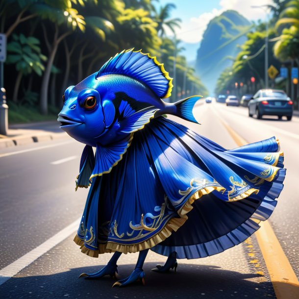 Drawing of a blue tang in a skirt on the road