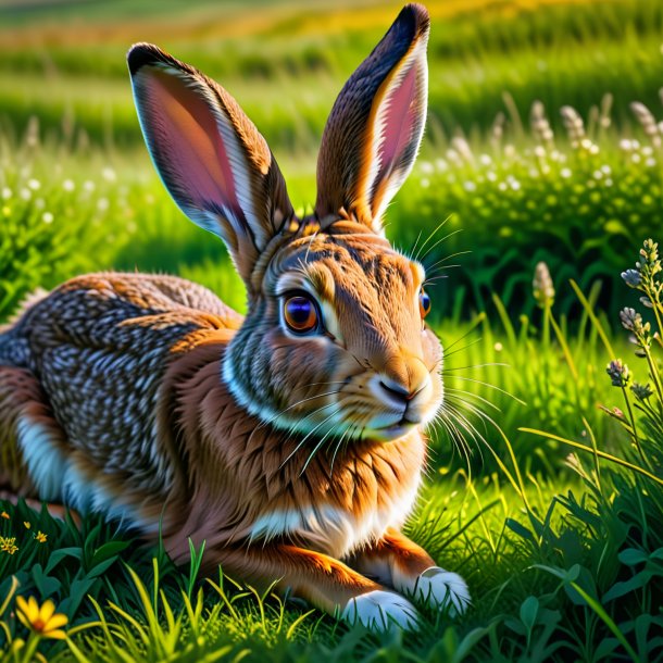 Pic of a resting of a hare in the meadow