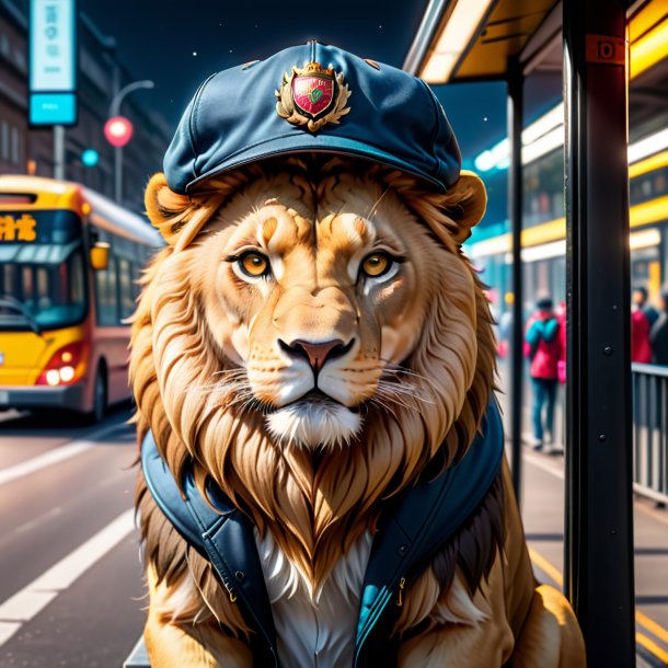 Picture of a lion in a cap on the bus stop