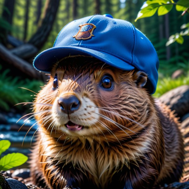 Photo d'un castor dans une casquette bleue