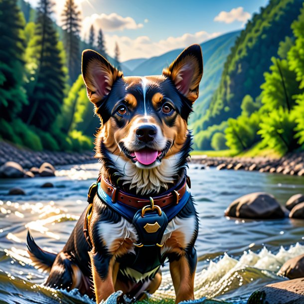 Photo of a dog in a belt in the river