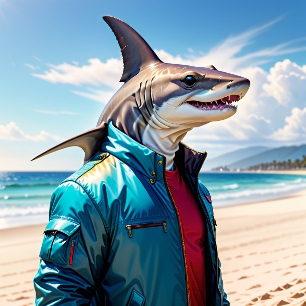 Drawing of a hammerhead shark in a jacket on the beach