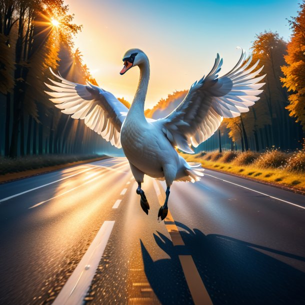 Picture of a jumping of a swan on the road