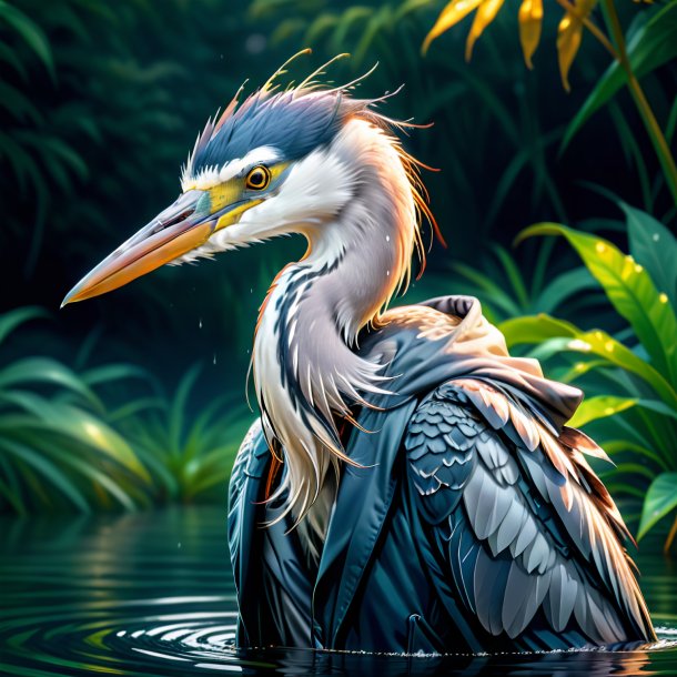 Illustration of a heron in a hoodie in the water