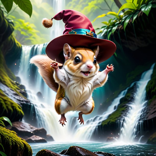 Photo of a flying squirrel in a hat in the waterfall