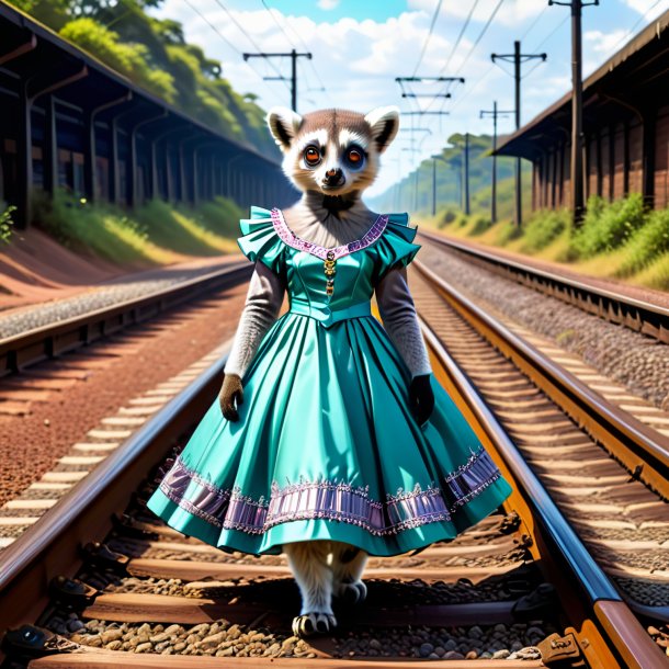 Drawing of a lemur in a dress on the railway tracks