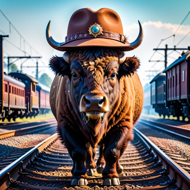 Foto de um bisonte em um chapéu nos trilhos ferroviários