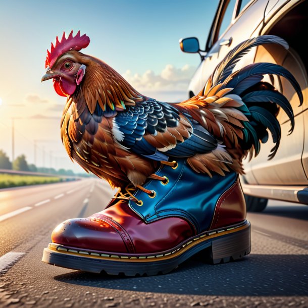 Dessin d'une poule dans une chaussure sur l'autoroute