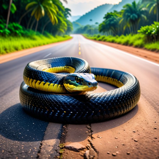 Picture of a king cobra in a belt on the road