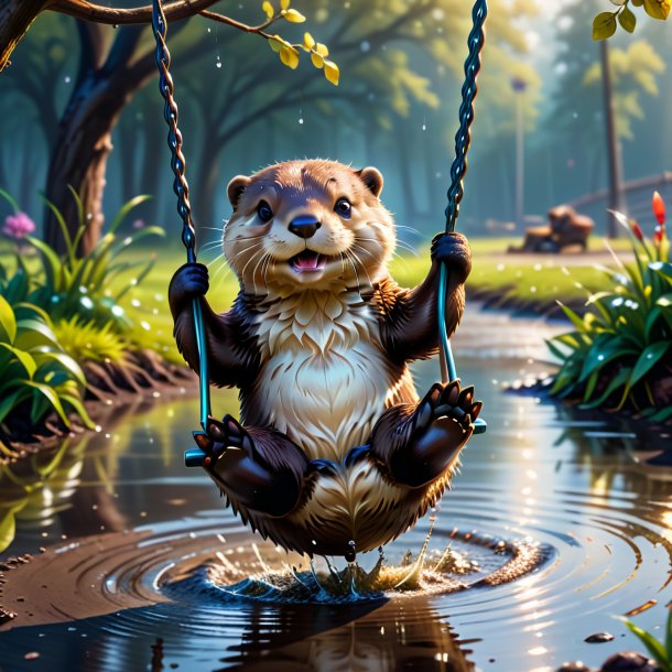 Picture of a swinging on a swing of a otter in the puddle