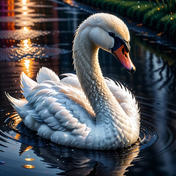 Foto de un cisne en un suéter en el charco