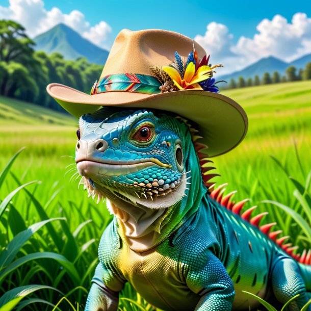 Picture of a iguana in a hat in the meadow