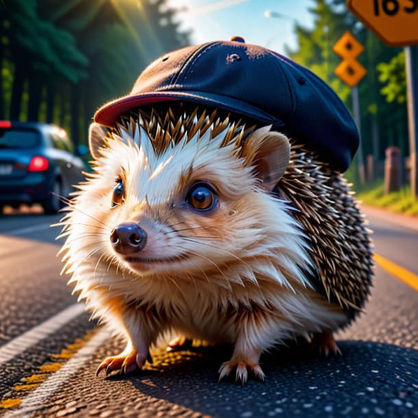 Picture of a hedgehog in a cap on the road