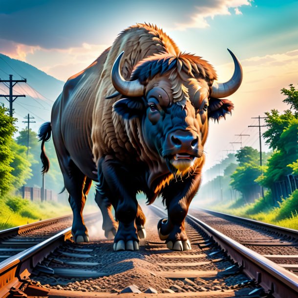 Picture of a threatening of a buffalo on the railway tracks