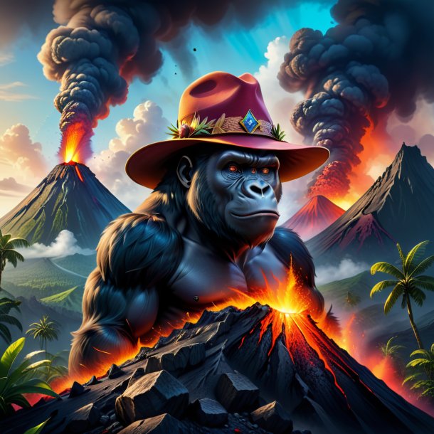 Illustration of a gorilla in a hat in the volcano