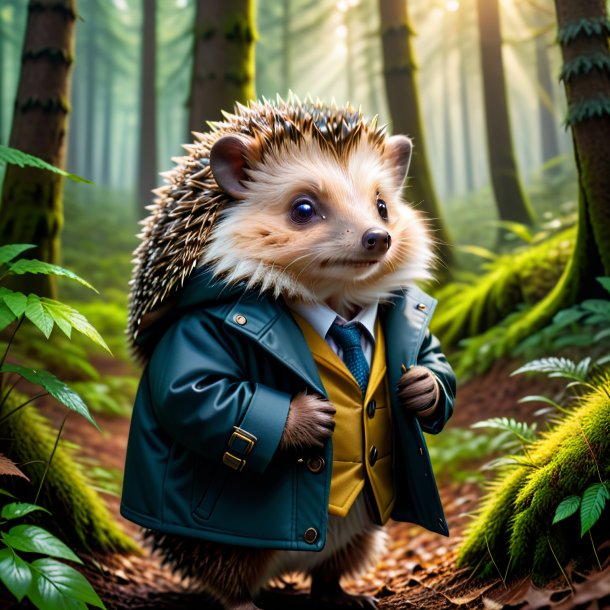 Picture of a hedgehog in a coat in the forest