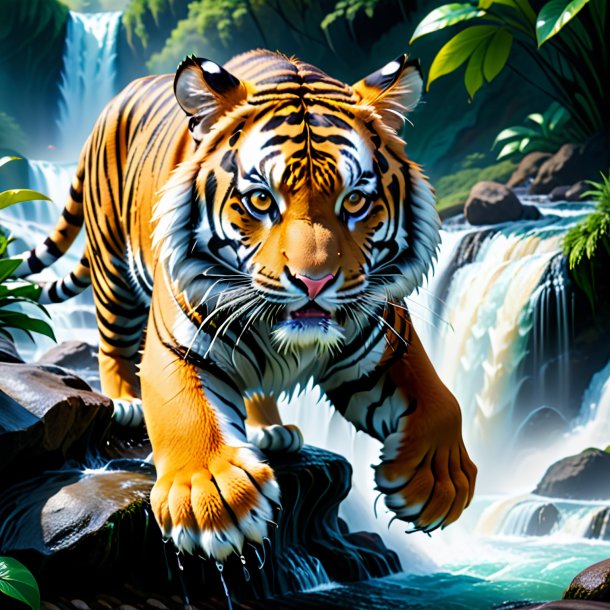 Image of a tiger in a gloves in the waterfall