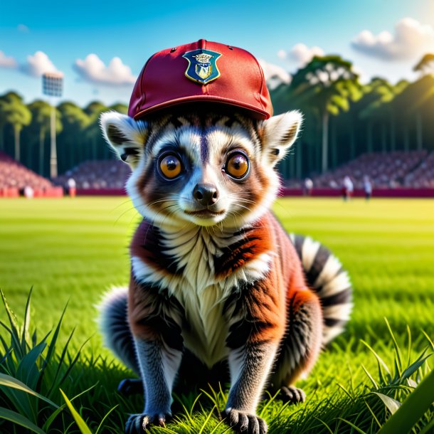 Picture of a lemur in a cap on the field