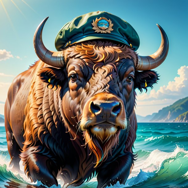 Ilustração de um bisonte em um boné no mar