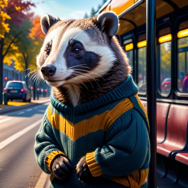 Picture of a badger in a sweater on the bus stop