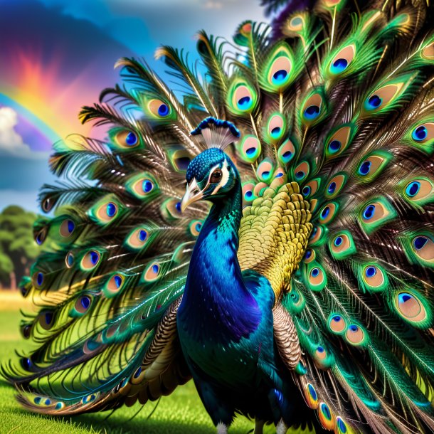 Image of a threatening of a peacock on the rainbow