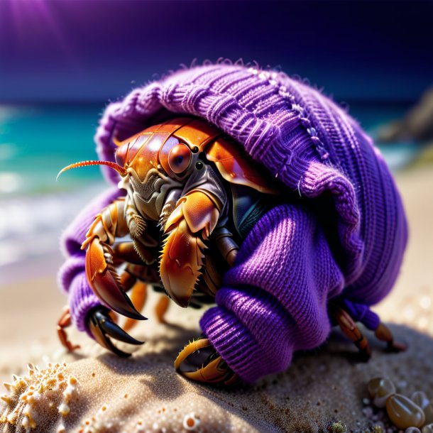 Image of a hermit crab in a purple sweater